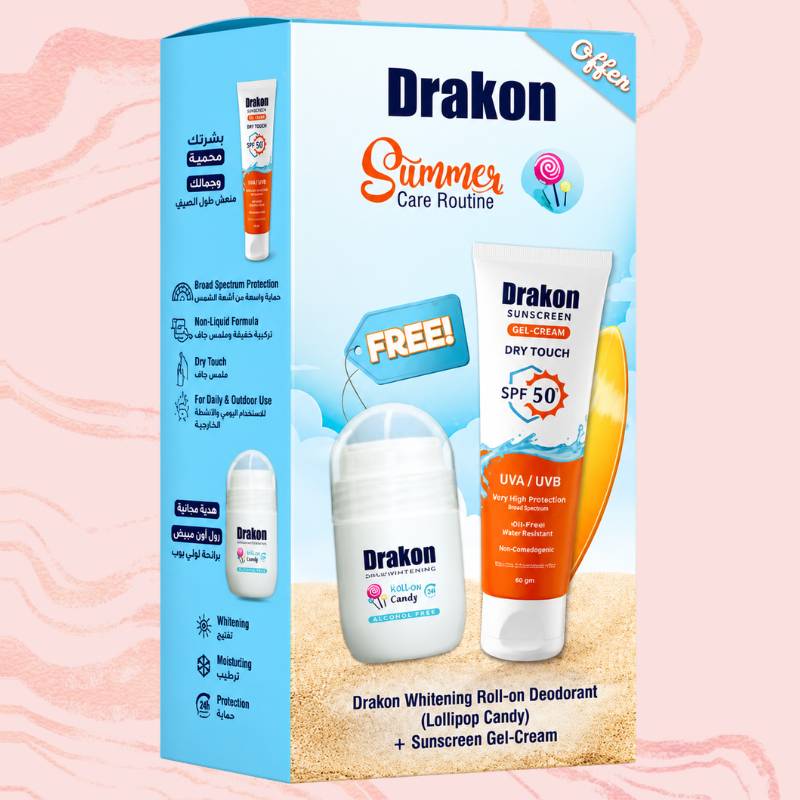 عرض Drakon المميز: واقي شمس جل-كريم SPF 50 مع رول أون تفتيح برائحة حلوى اللولي بوب